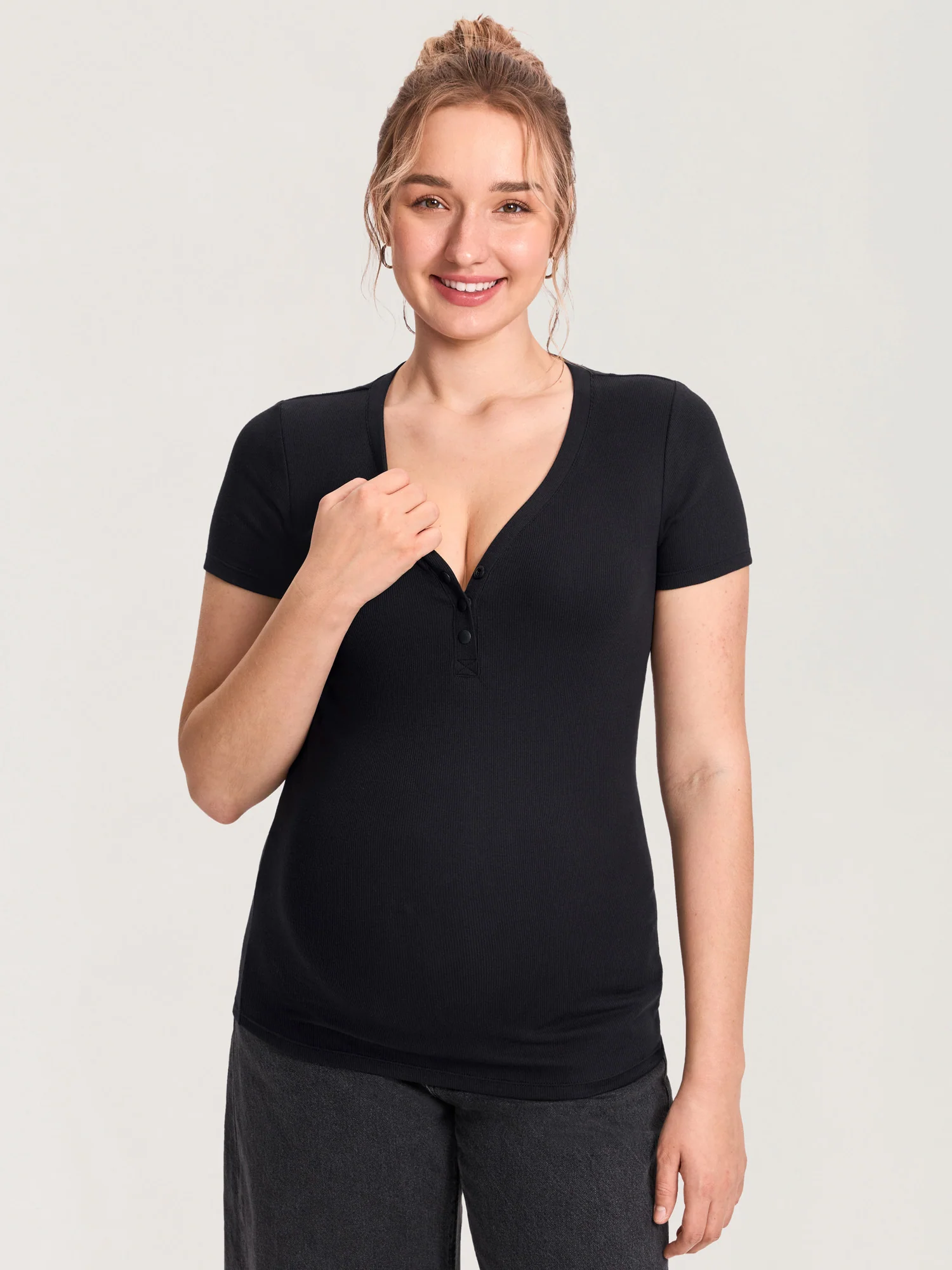 Cotton Rib Henley Maternity Short Sleeve Shirts - Image 6